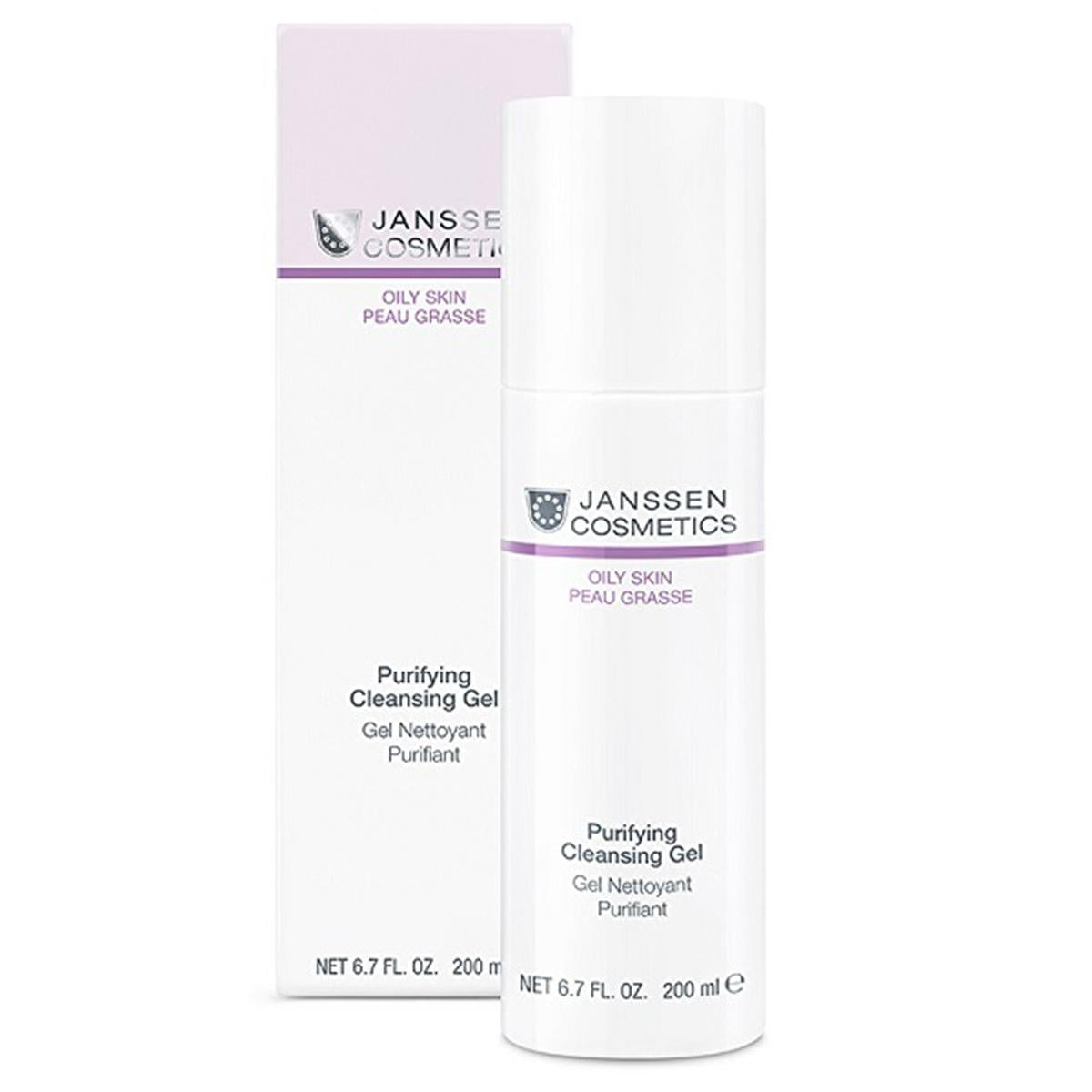 Purifying Cleansing Gel bottle and box, white bottle with purple Janssen Cosmetics label, 200 ml on Tampa Home & Garden Store