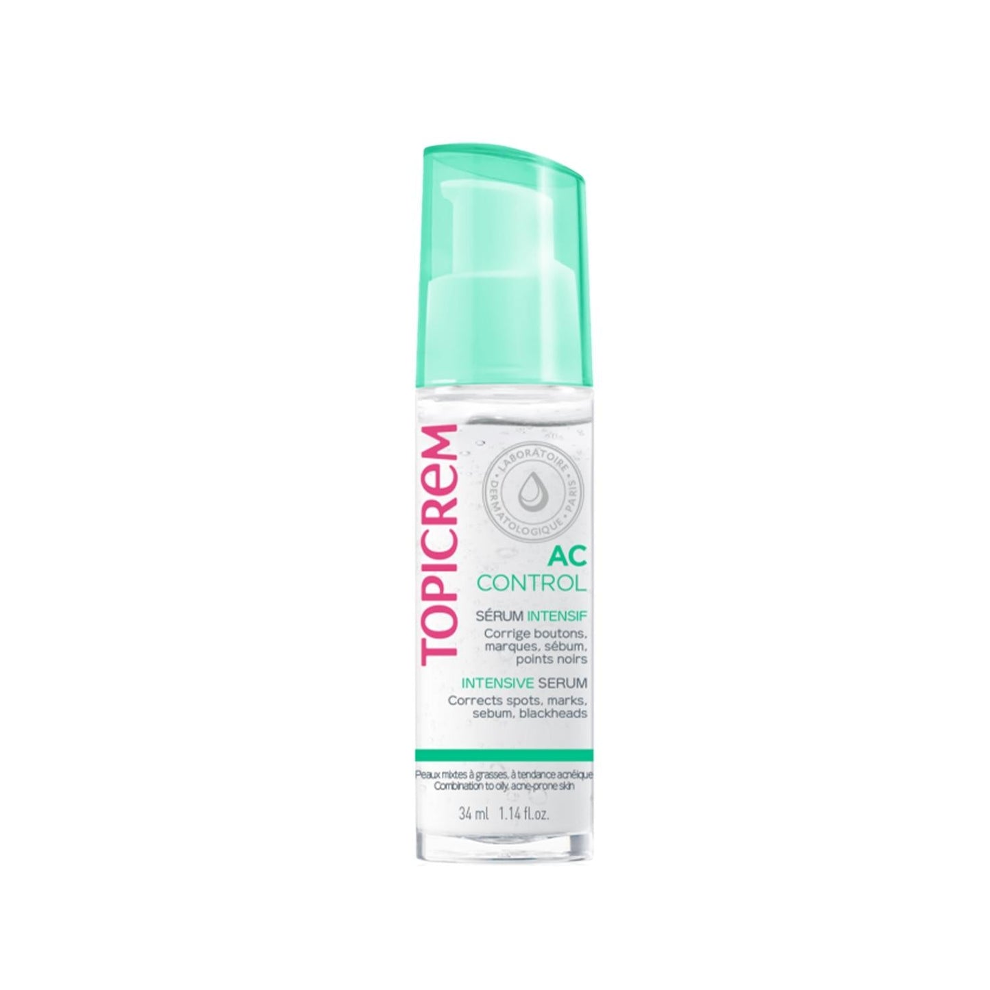 Topicrem AC Control Serum bottle with turquoise cap, white label shows pink TOPICREM logo and AC CONTROL, 34 ml on Tampa Home & Garden Store