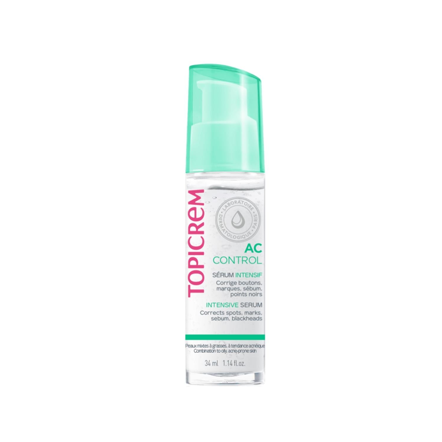 Topicrem AC Control Serum bottle with turquoise cap, white label shows pink TOPICREM logo and AC CONTROL, 34 ml on Tampa Home & Garden Store