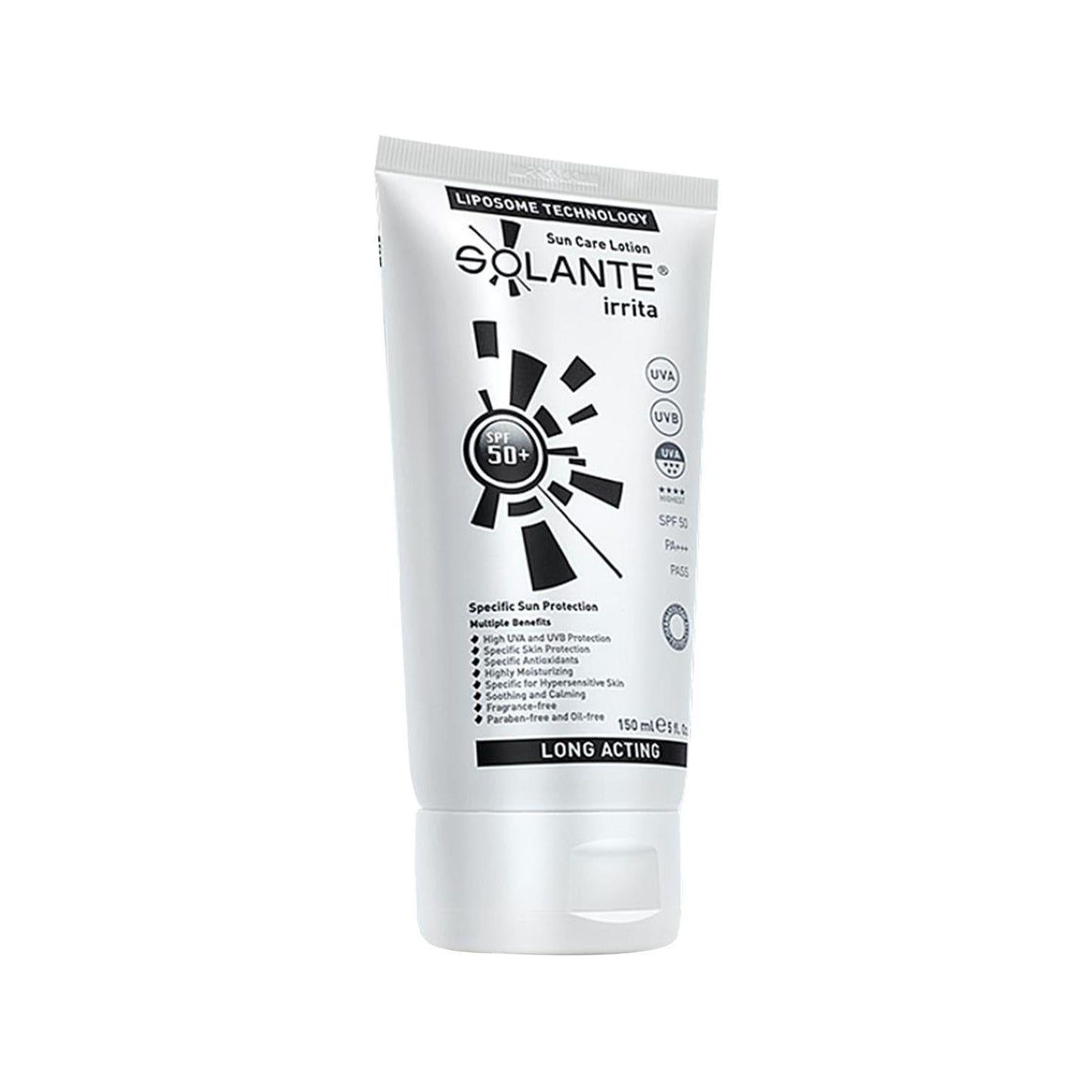 Solante irrita sunscreen lotion SPF 50+ white tube with black sunburst logo by Beauty Care Bag on Tampa Home & Garden Store