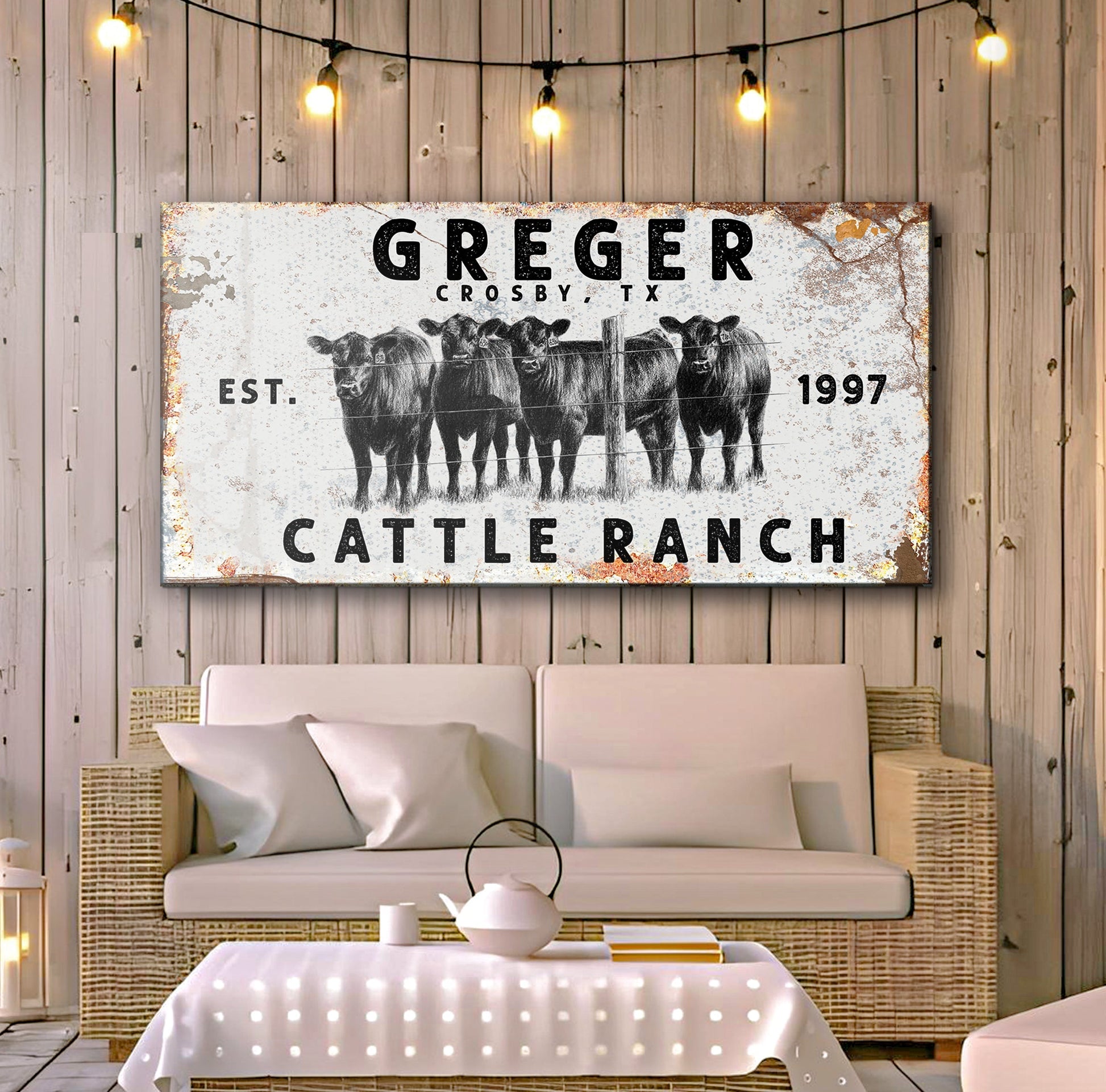 Cattle Ranch rustic sign canvas by Tailored Canvases, weathered wood look with cow herd art on Tampa Home & Garden Store