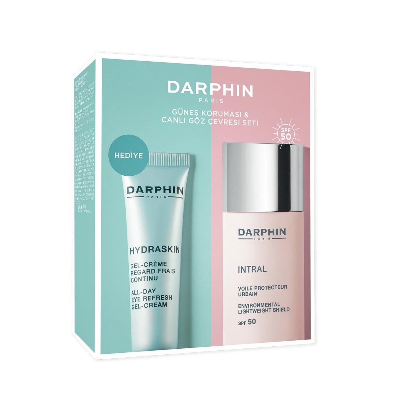 Two-piece Darphin Luxury Skincare Set box featuring Hydraskin gel-cream and Intral SPF50 sunscreen on Tampa Home & Garden Store