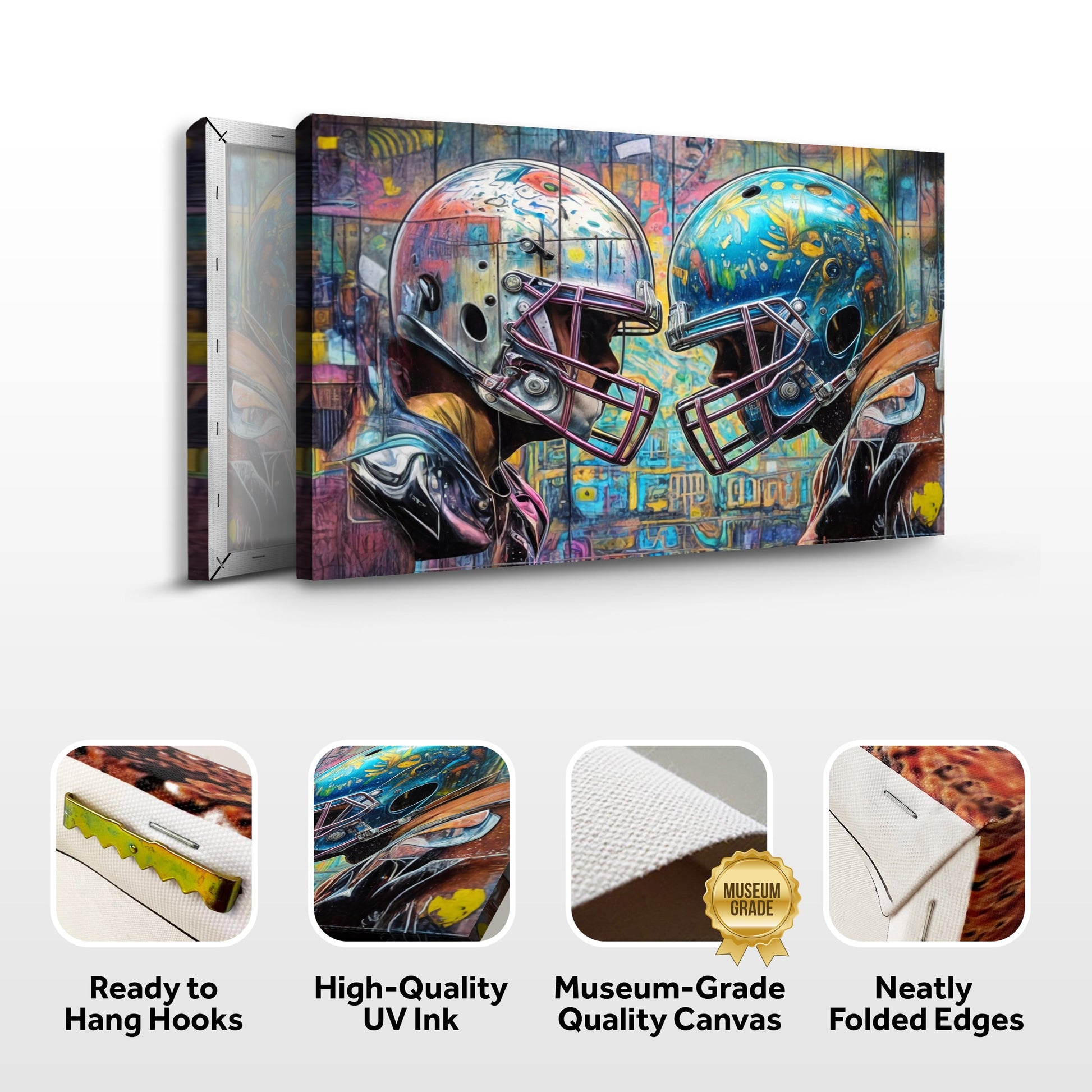 Helmet Clash - Sport Wall Art canvas by Tailored Canvases, two colorful helmets amid graffiti on Tampa Home & Garden Store