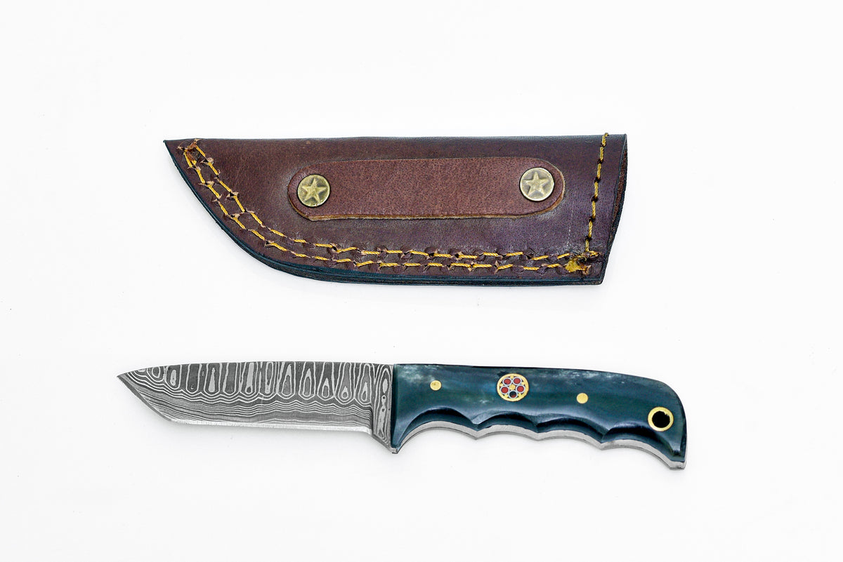 Damascus EDC Tanto TD-10xs knife with blue handle Titan K sheath on Tampa Home & Garden Store