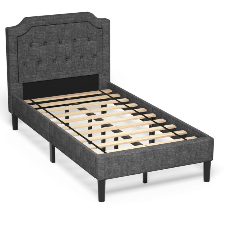 Cama Plataforma Tapizada Gemela de Lino con Cabecero y Base de Colchón