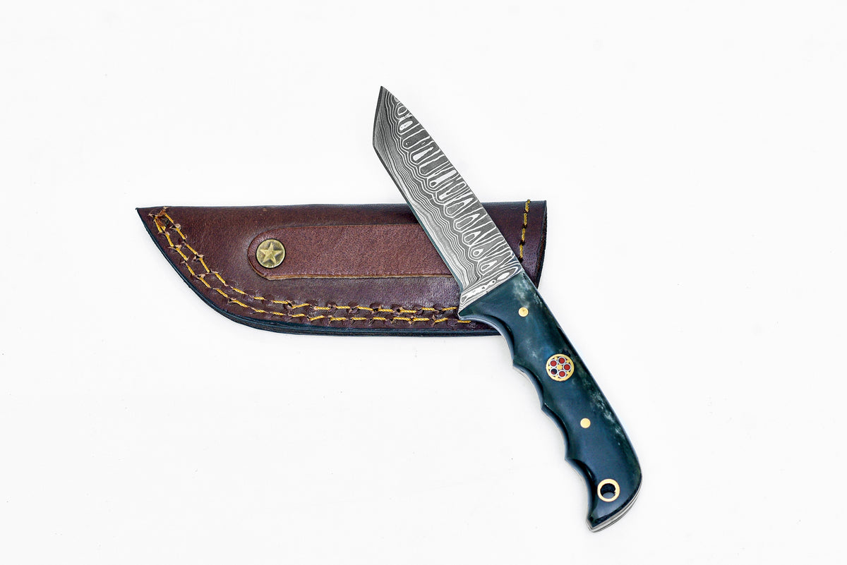 Damascus steel EDC tanto knife by Titan International K with teal handle and leather sheath on Tampa Home & Garden Store