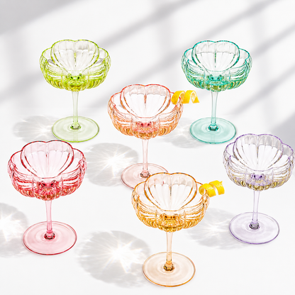 Set of six bright flower coupe cocktail glasses