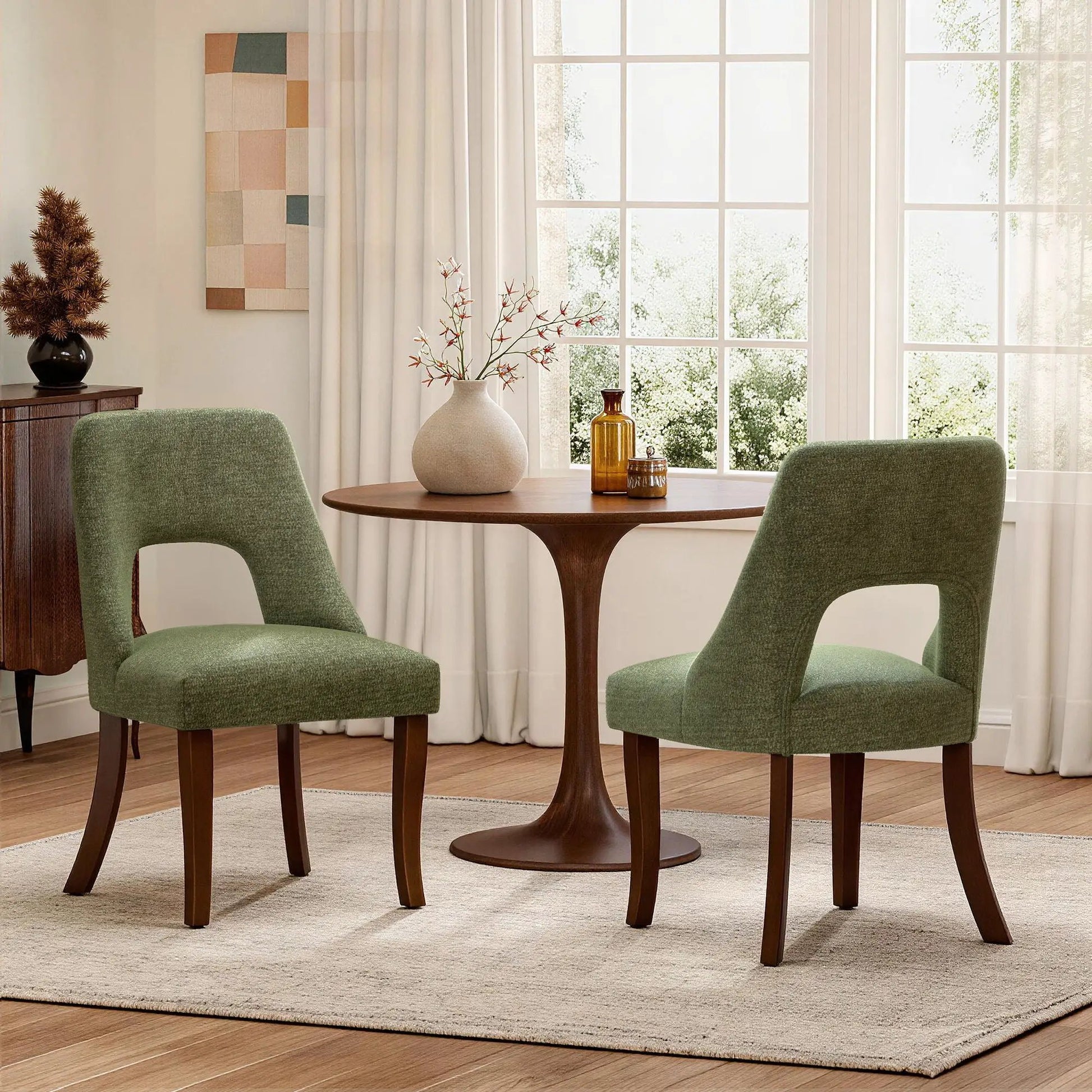 Upholstered green dining chairs with curved wooden legs set of 2 on Tampa Home & Garden Store