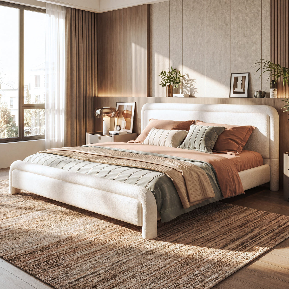 King size Boucle upholstered platform bed frame with curved headboard by HouseOfZazla on Tampa Home & Garden Store