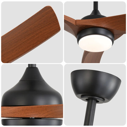 Ceiling fan with three wood blades and black motor housing, remote control, dimmable light on Tampa Home & Garden Store