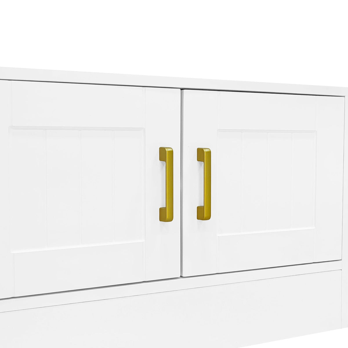 Wall unit entertainment center in white with paneled doors and gold handles on Tampa Home & Garden Store