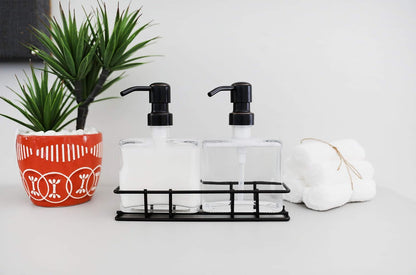 Juego de 2 dispensadores de jabón de vidrio rellenables con bombas de bronce estilo rústico y soporte de metal negro (8.5 oz cada uno) - Organizador ecológico para encimeras de baño y cocina 