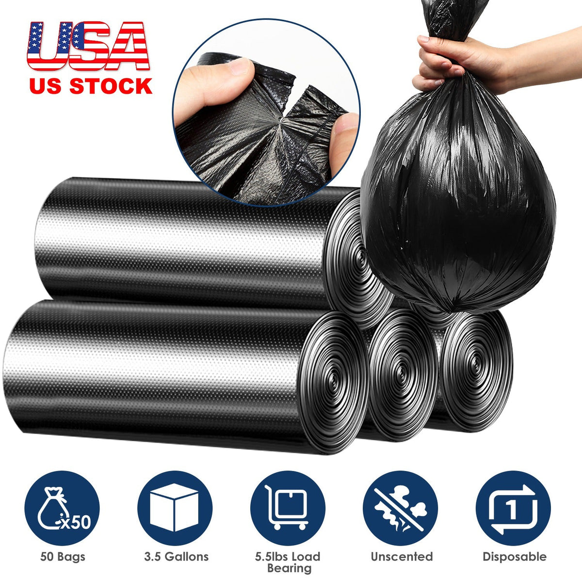 GemGear 5 rolls black garbage bags unscented leak-resistant 3.5 gal, 50 bags on Tampa Home & Garden Store