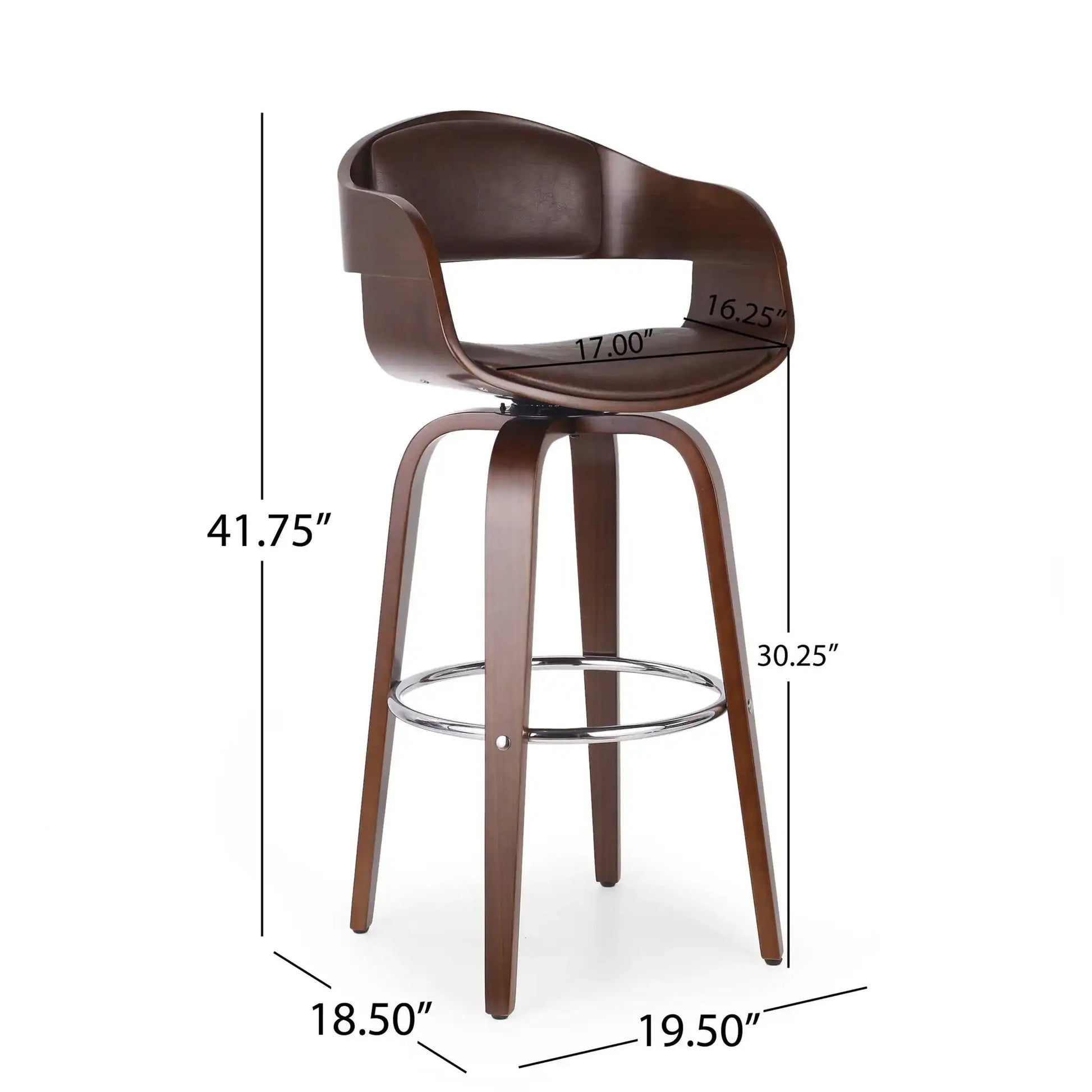 Modern Bar Stool with Swivel Function, brown wood finish, curved back, chrome footring on Tampa Home & Garden Store