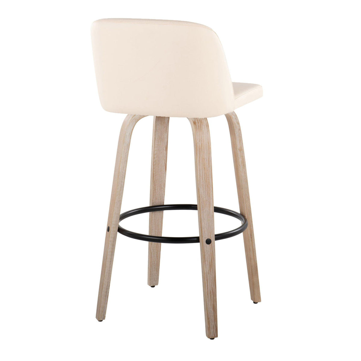 Mid-Century Modern bar stool in beige upholstery with natural wood legs and black footring on Tampa Home & Garden Store