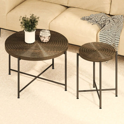 Coffee and end table set of two with circular dark brown woven tops and metal legs on Tampa Home & Garden Store