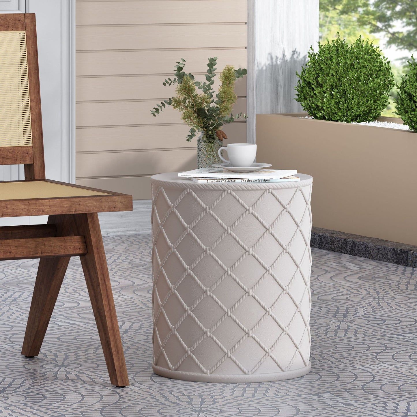 Nautical Rope Outdoor End Table In Antique White