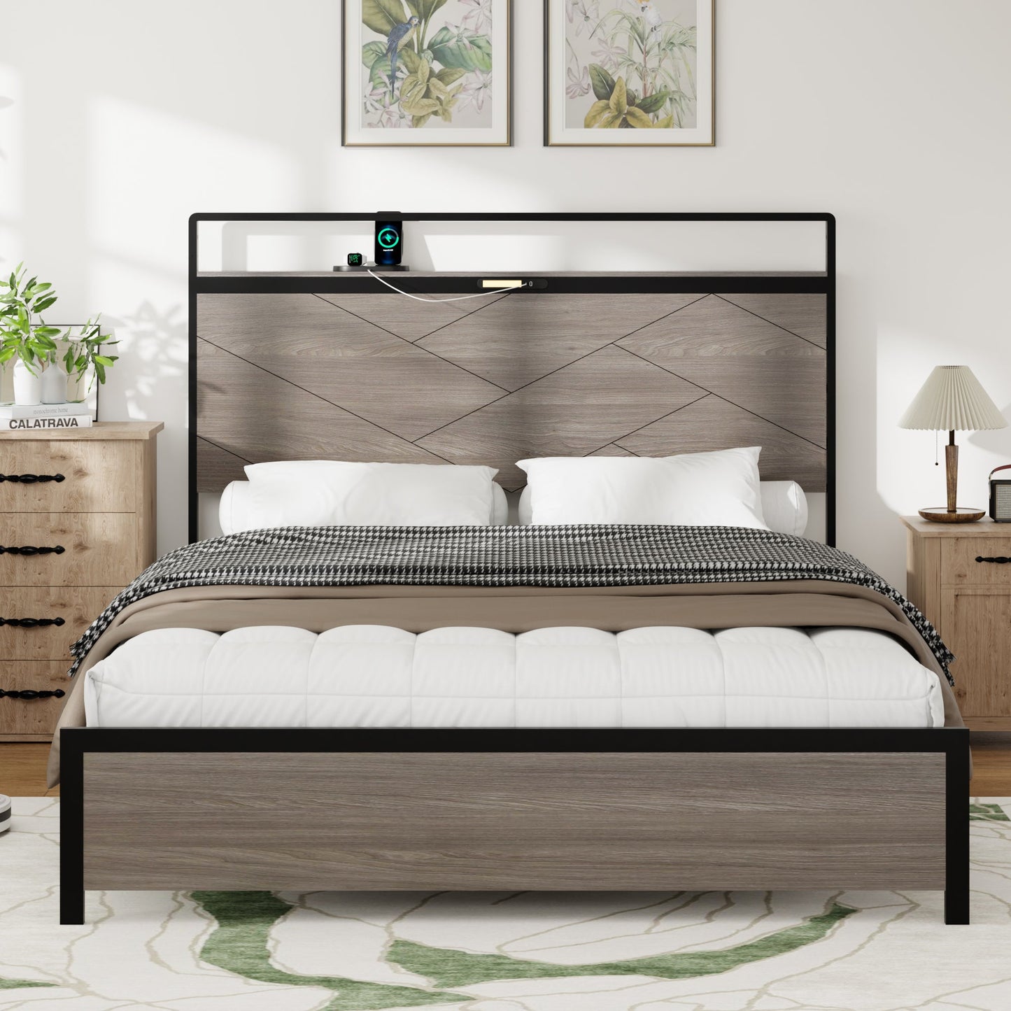 Antique Platform Bed Frame and Led Headboard