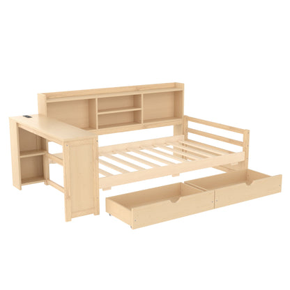 Corner daybed with desk, bookcase and storage drawers in natural wood by HouseOfZazla on Tampa Home & Garden Store
