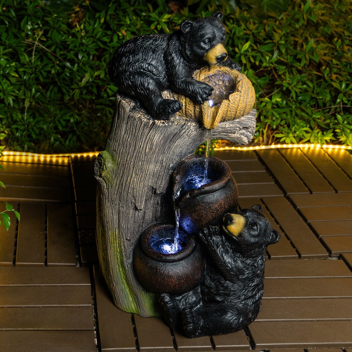 Bear Outdoor Water Fountain with LED Lights, black bear statue with blue glowing bowls on Tampa Home & Garden Store