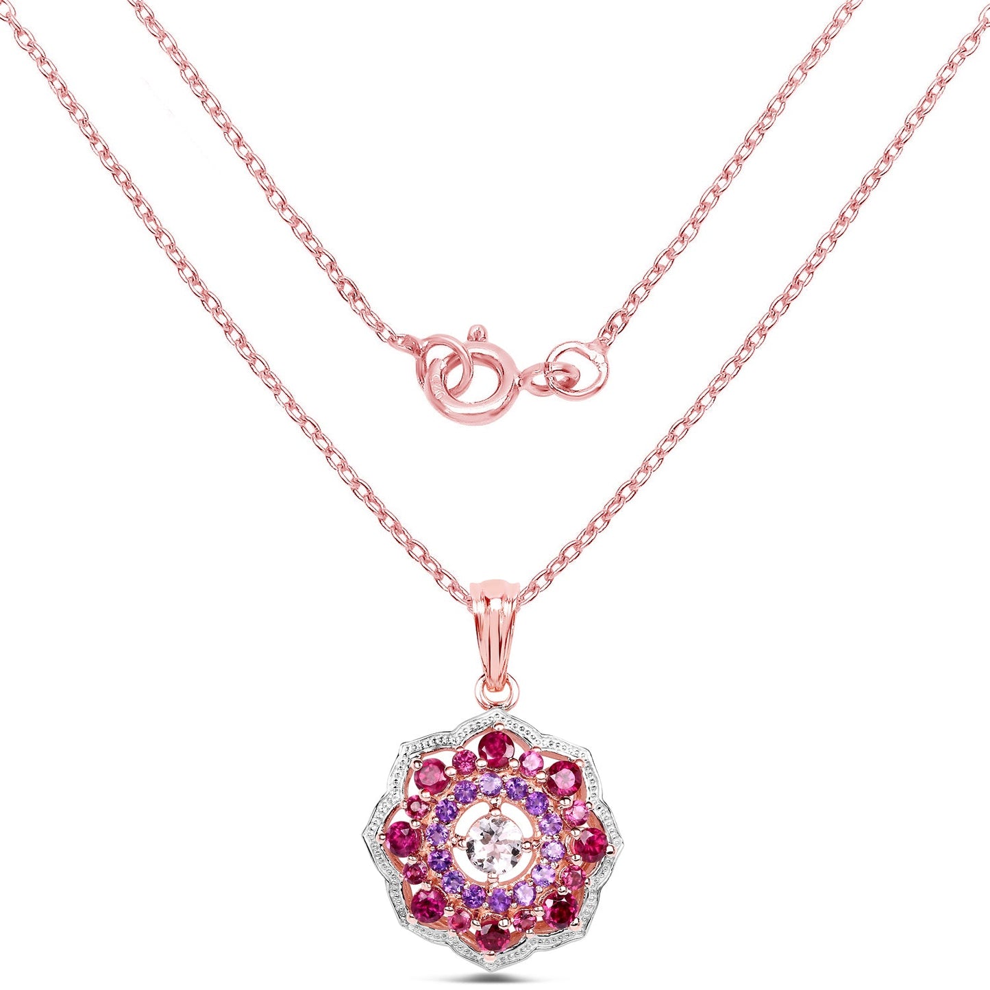 Rose gold plated pendant with a flower halo of morganite, rhodolite and amethyst on Tampa Home & Garden Store