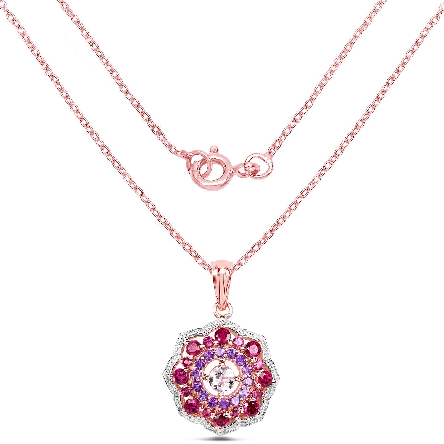 Rose gold plated pendant with a flower halo of morganite, rhodolite and amethyst on Tampa Home & Garden Store