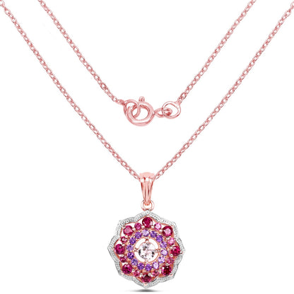 Rose gold plated pendant with a flower halo of morganite, rhodolite and amethyst on Tampa Home & Garden Store