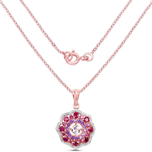 Rose gold plated pendant with a flower halo of morganite, rhodolite and amethyst on Tampa Home & Garden Store