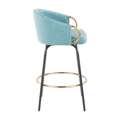 Contemporary Glam Counter Stool set of 2 in light blue velvet with gold ring arms and black legs on Tampa Home & Garden Store