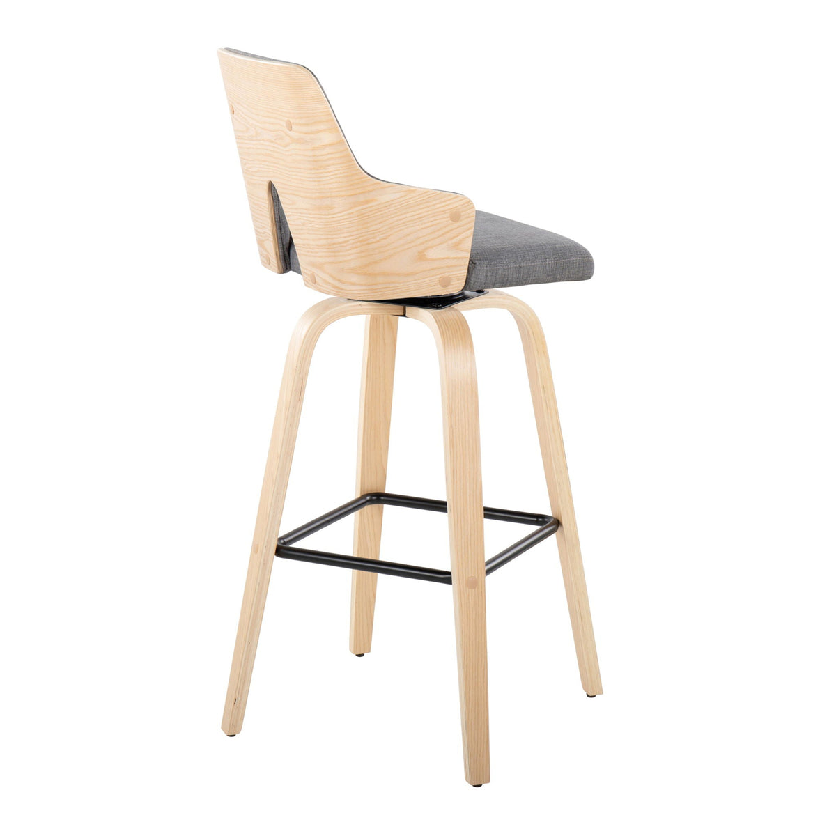 Stella Barstool with Swivel Square Footrest, natural wood frame, gray fabric seat on Tampa Home & Garden Store