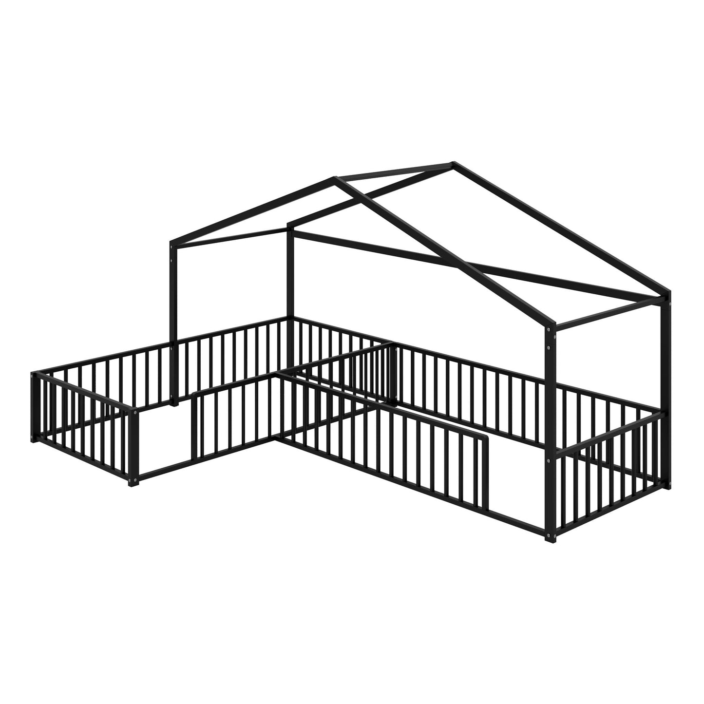 L-shaped Montessori Canopy Bed for 2 Kids with fence, black metal frame by HouseOfZazla on Tampa Home & Garden Store