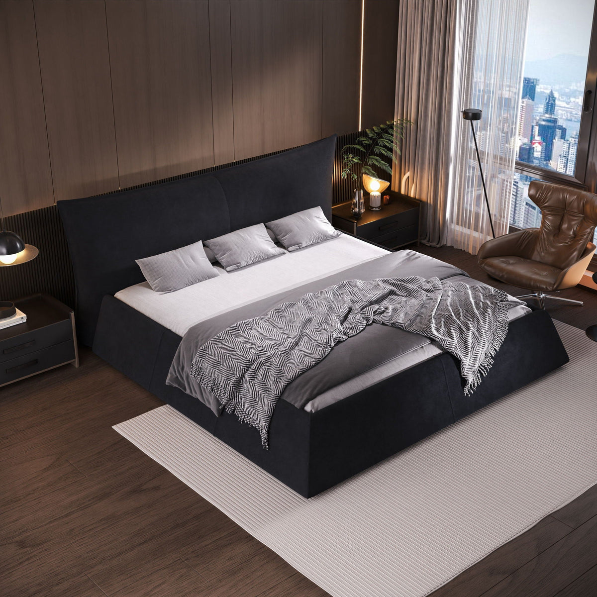 Upholstered platform bed with special shaped headboard in dark gray fabric by HouseOfZazla on Tampa Home & Garden Store