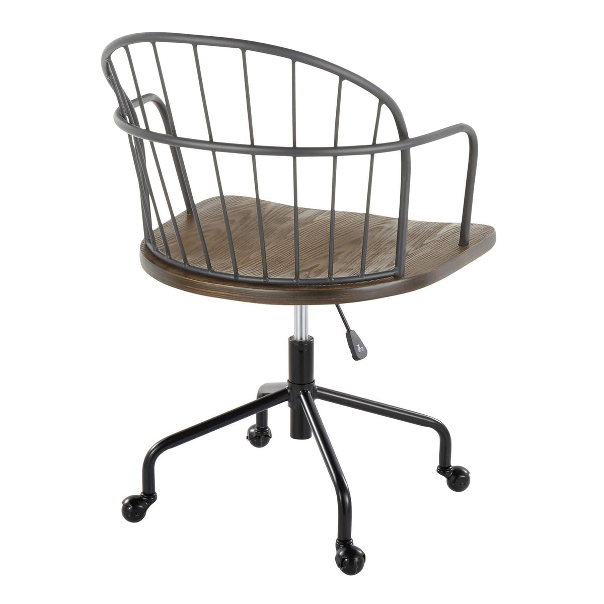 Farmhouse office chair dark brown wood seat with black metal wire back and swivel base on Tampa Home & Garden Store