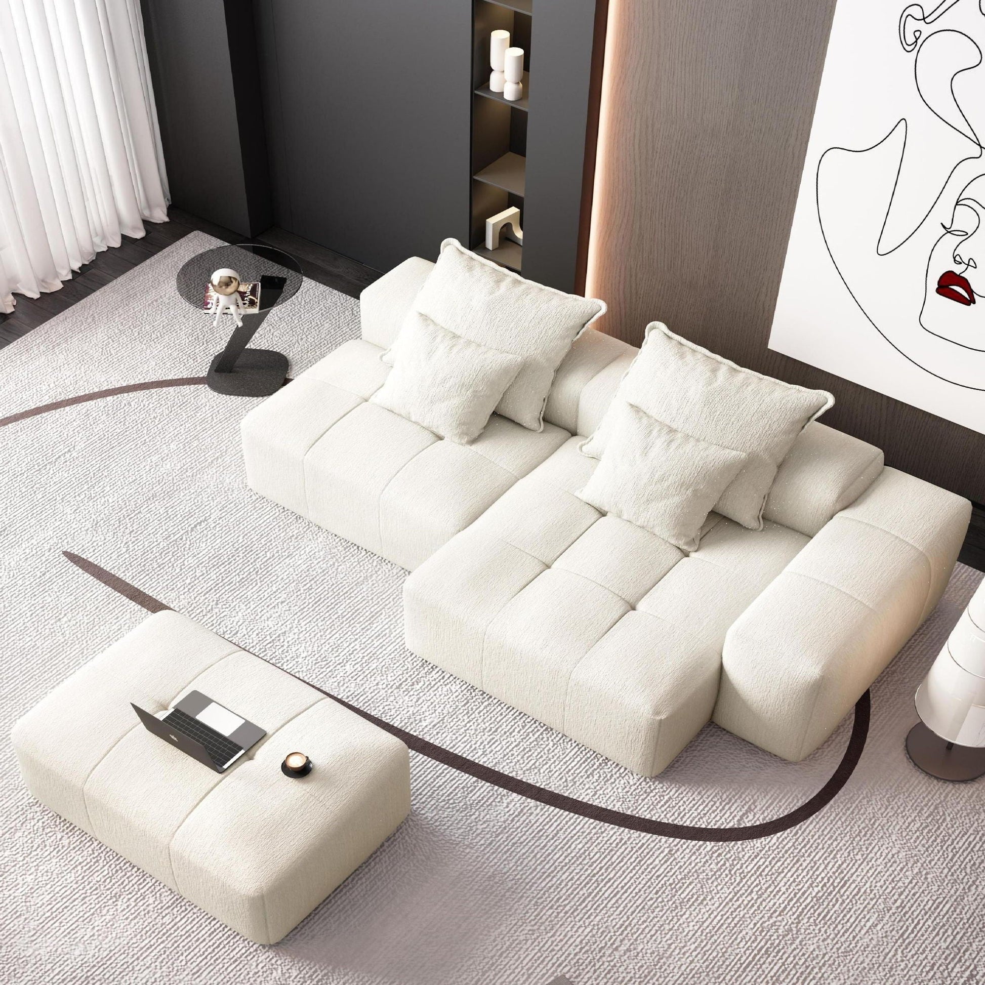 HouseOfZazla Modern oversized DIY modular sectional sofa with pillows in cream fabric on Tampa Home & Garden Store