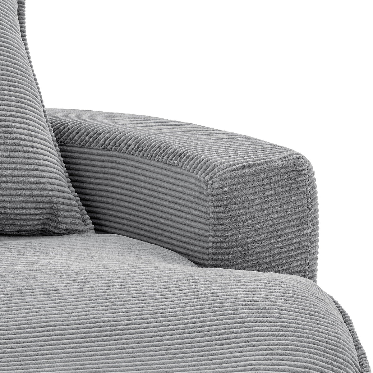Swivel barrel chair with cushion and pillows in gray ribbed fabric close-up on Tampa Home & Garden Store
