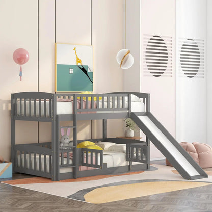 Low Bunk Bed With Slide Fence and Ladder