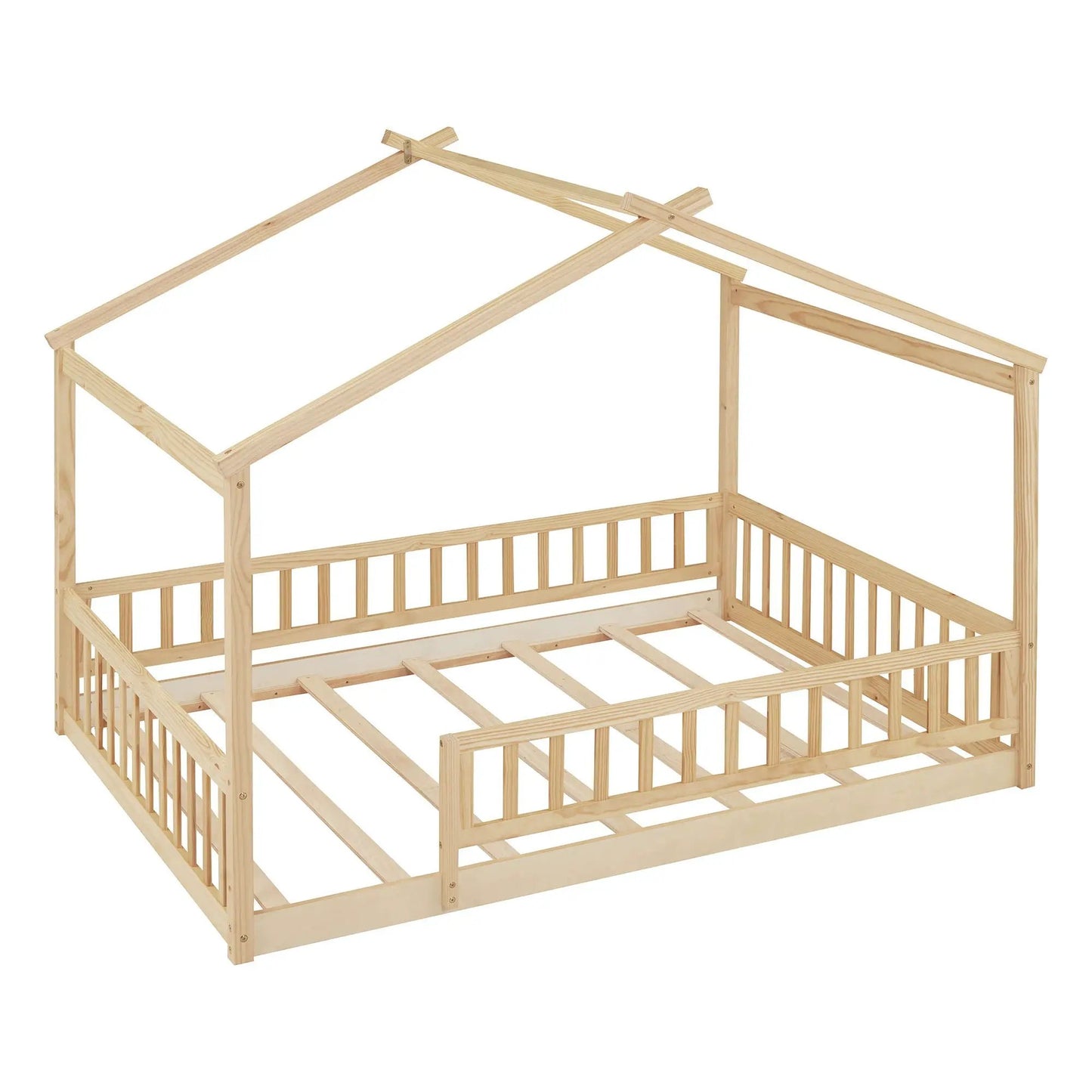Bed House Bed Frame With Fence in natural pine, canopy-style posts with slatted base on Tampa Home & Garden Store