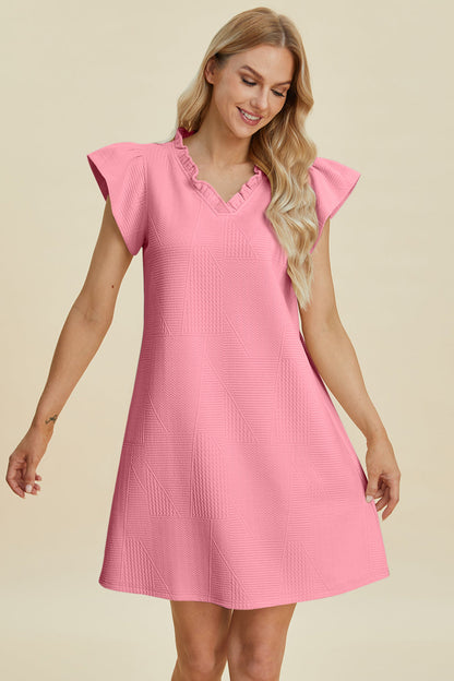 Double Take Full Size Ruffled V-Neck Cap Sleeve Dress by Stevvex, pink, textured pattern on Tampa Home & Garden Store