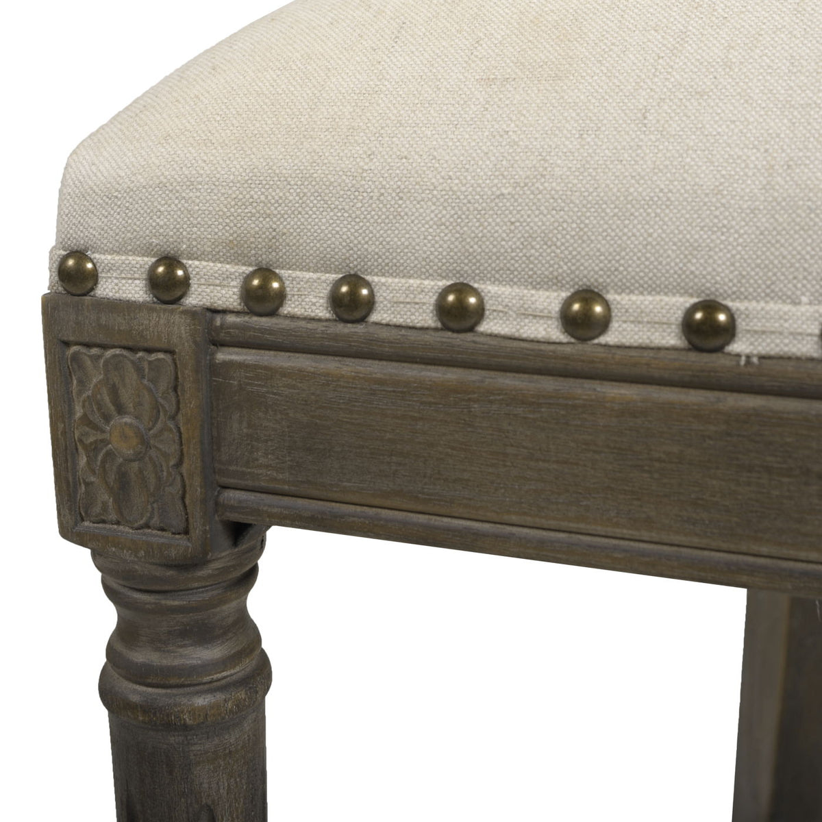Farmhouse counter-height bar stool beige upholstered seat with nailhead trim on Tampa Home & Garden Store