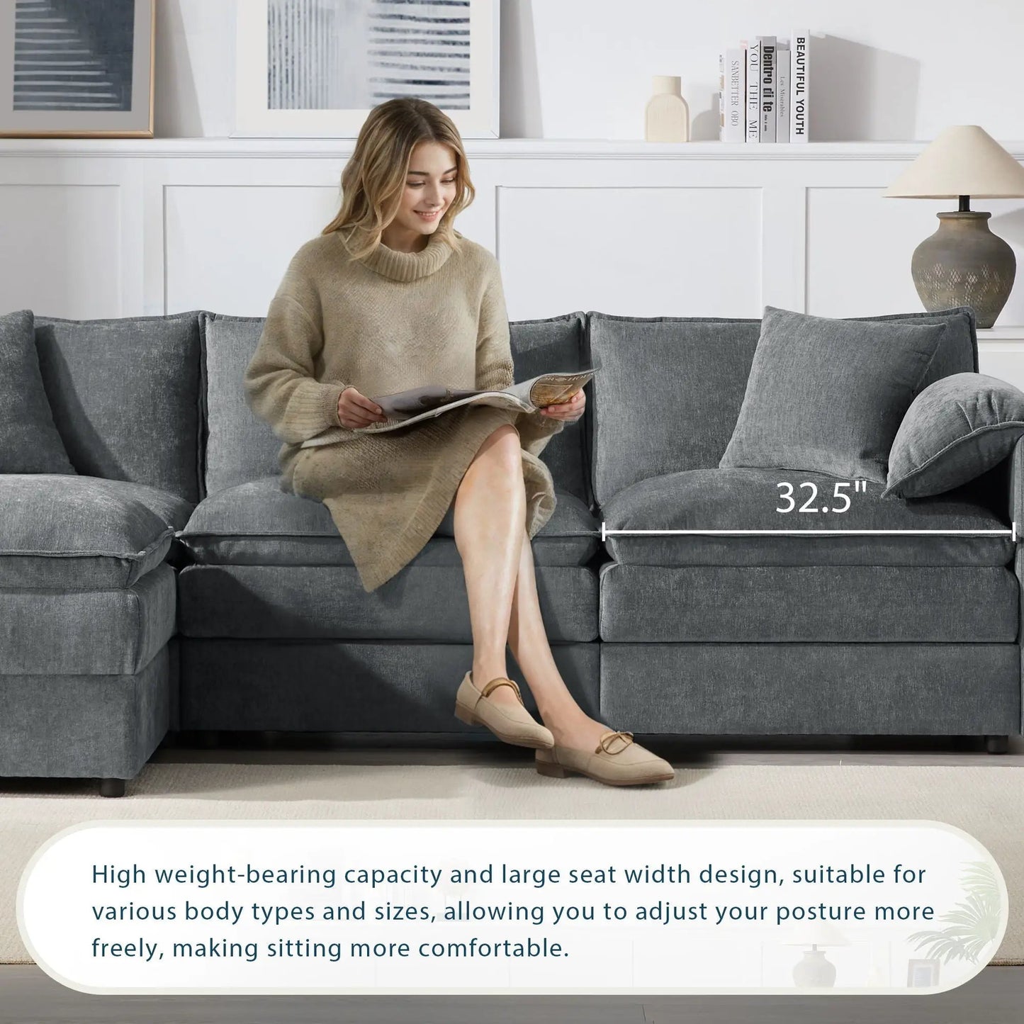 Cloud gray modular sofa with deep seats and double cushions, movable ottoman 2-piece Unique Piece on Tampa Home & Garden Store