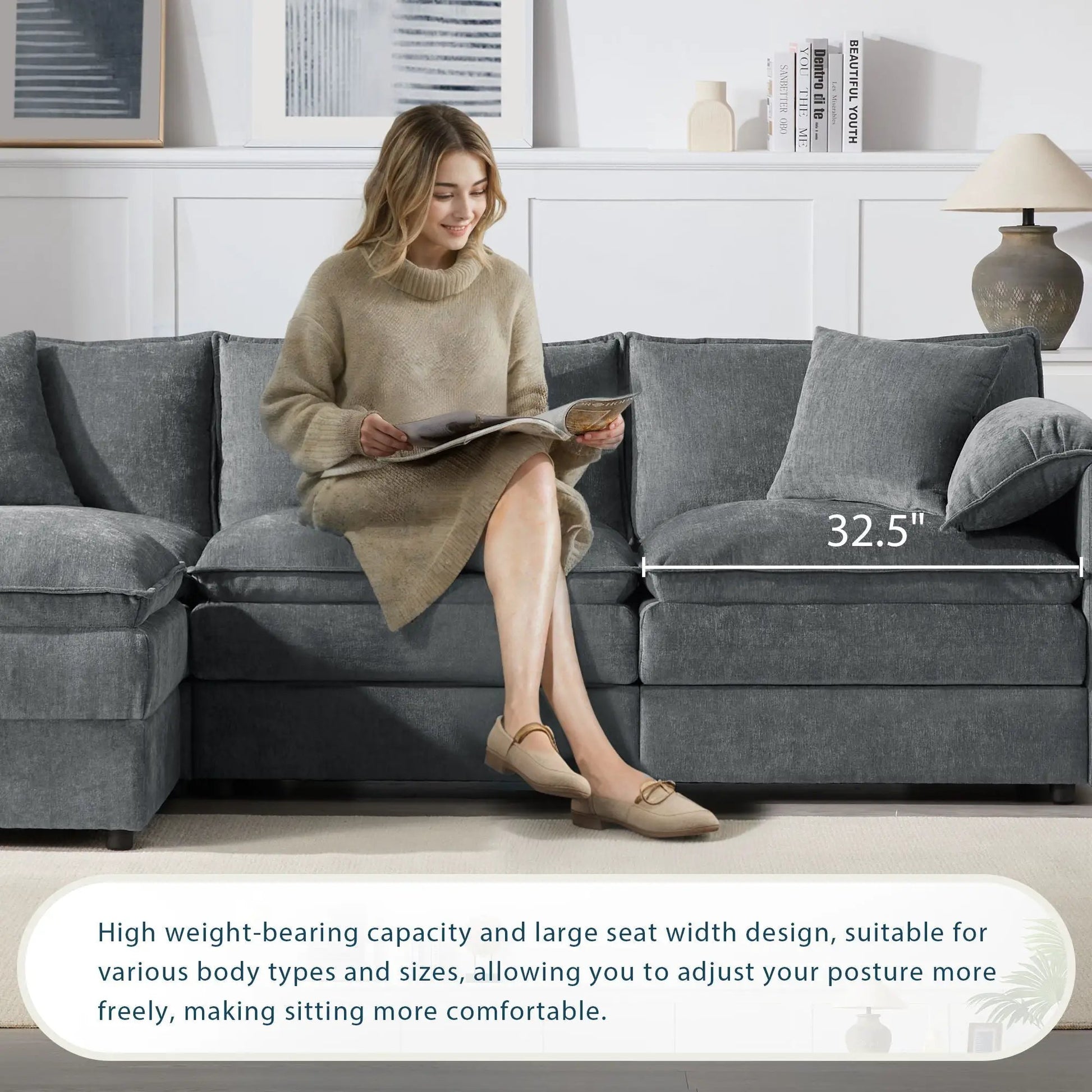 Cloud gray modular sofa with deep seats and double cushions, movable ottoman 2-piece Unique Piece on Tampa Home & Garden Store