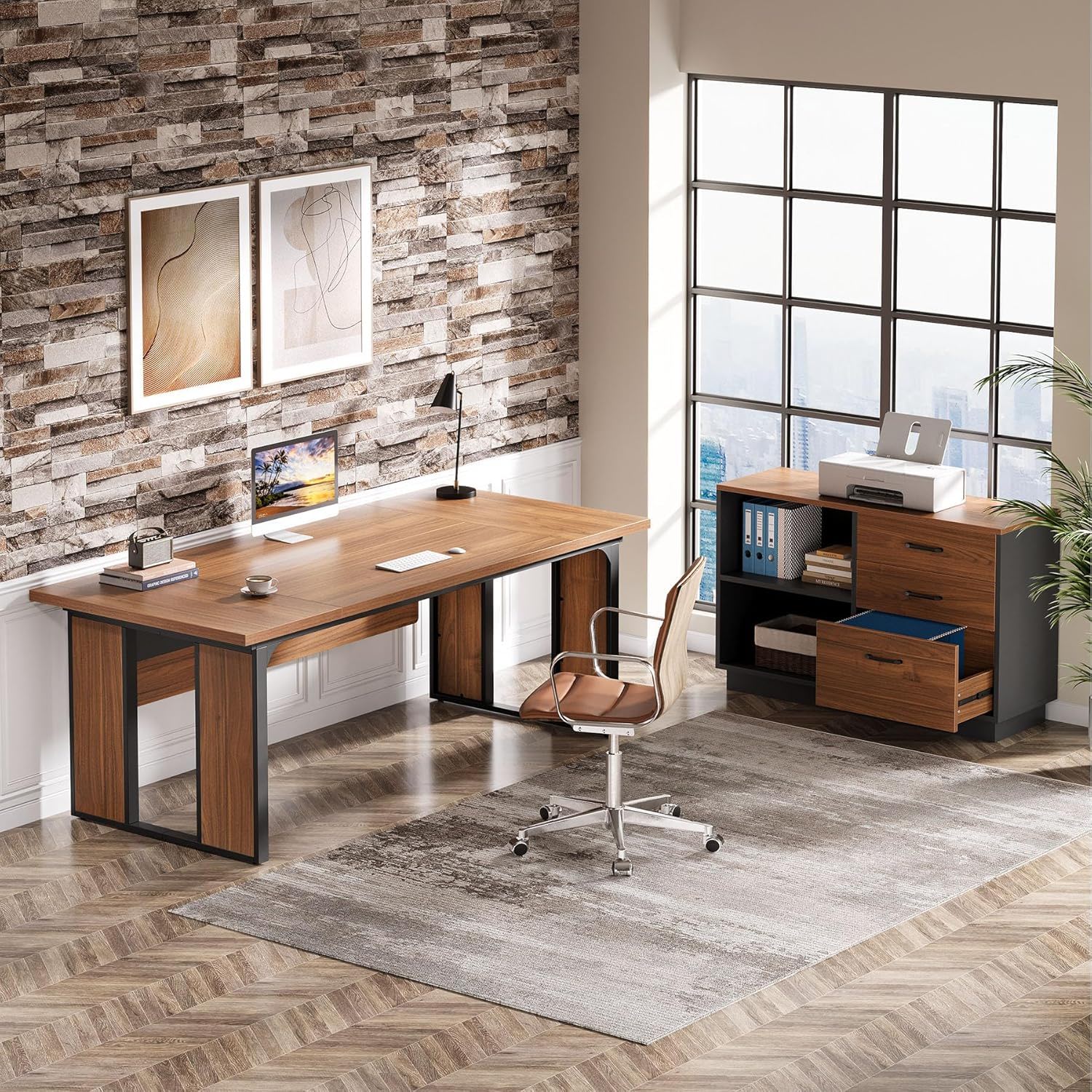 Brown/black L-shaped executive desk with file cabinet, HouseOfZazla corner desk on Tampa Home & Garden Store