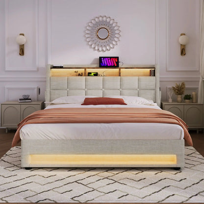 Upholstered Platform Bed With Storage USB LED