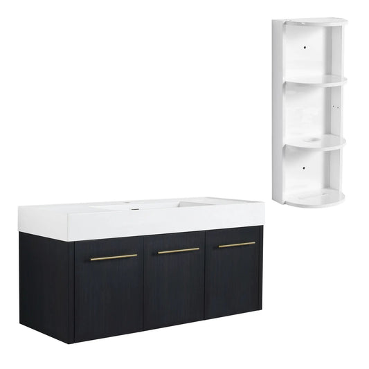 Modern wall-mounted bathroom vanity with thick-edge resin sink white top black base storage rack on Tampa Home & Garden Store