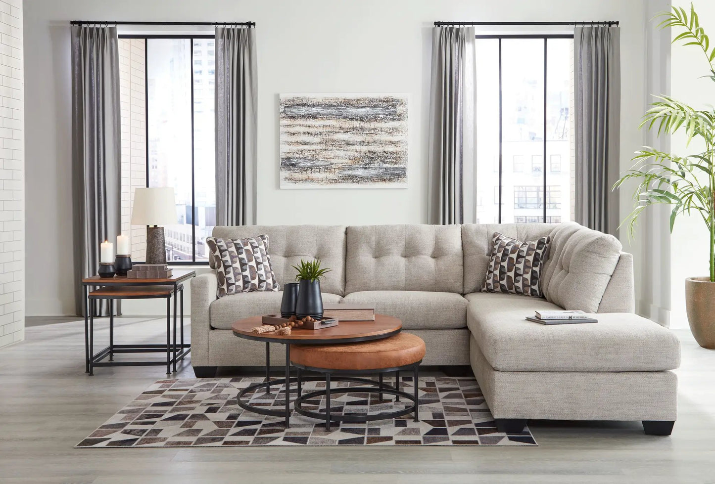 Mahoney Sectional beige fabric Lshaped sofa; two round coffee tables on Tampa Home & Garden Store