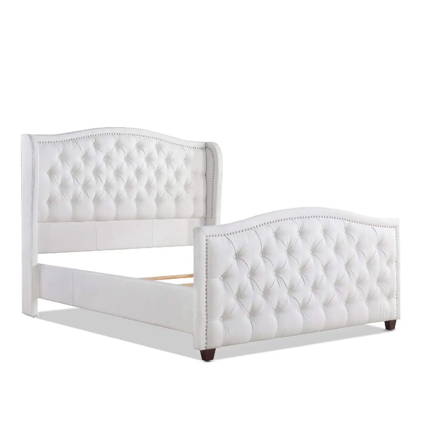 Marcella Upholstered Shelter Headboard Bed Set in white tufted fabric with nailhead trim on Tampa Home & Garden Store