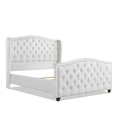 Marcella Upholstered Shelter Headboard Bed Set in white tufted fabric with nailhead trim on Tampa Home & Garden Store