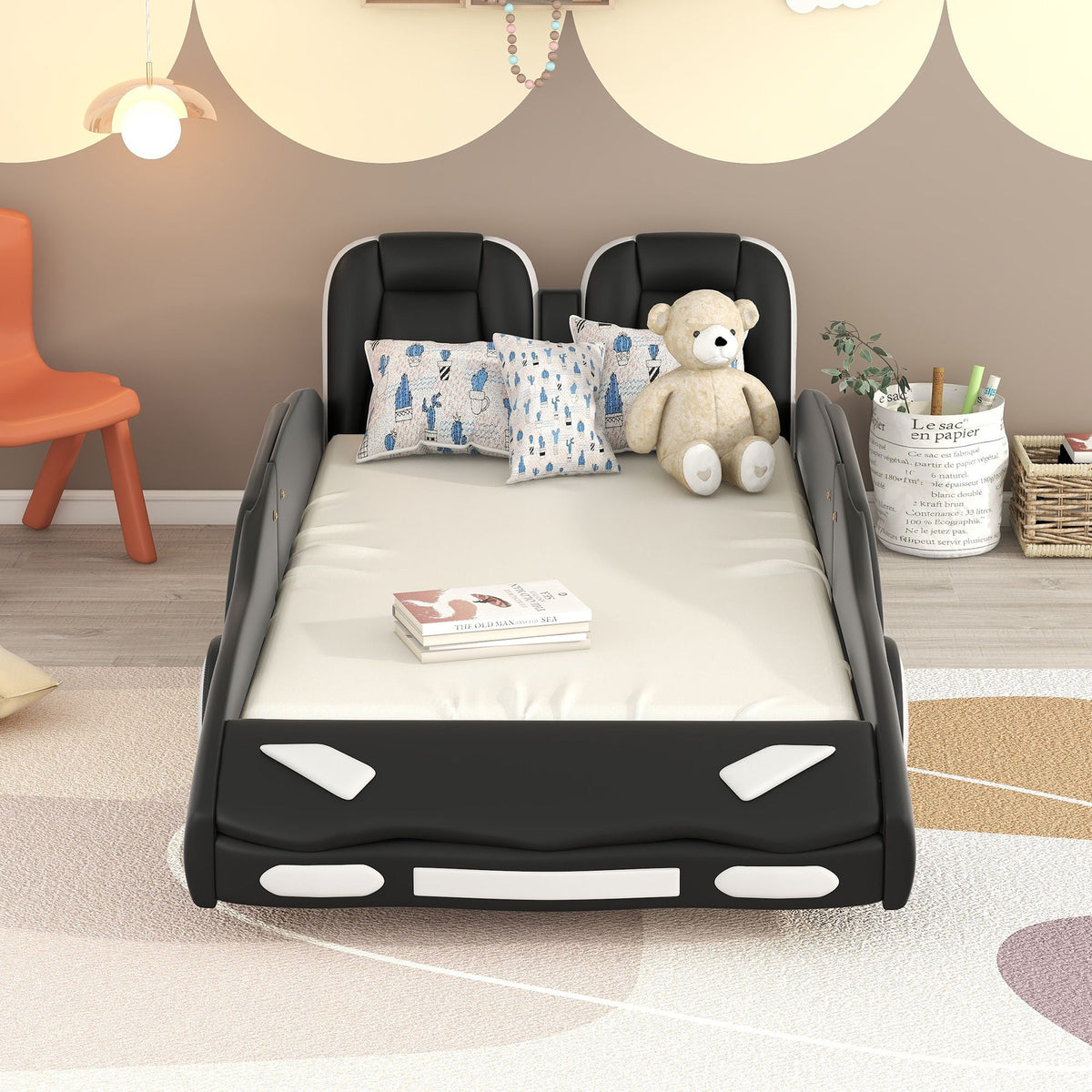 Race car shaped twin platform bed with wheels, pine wood by HouseOfZazla on Tampa Home & Garden Store