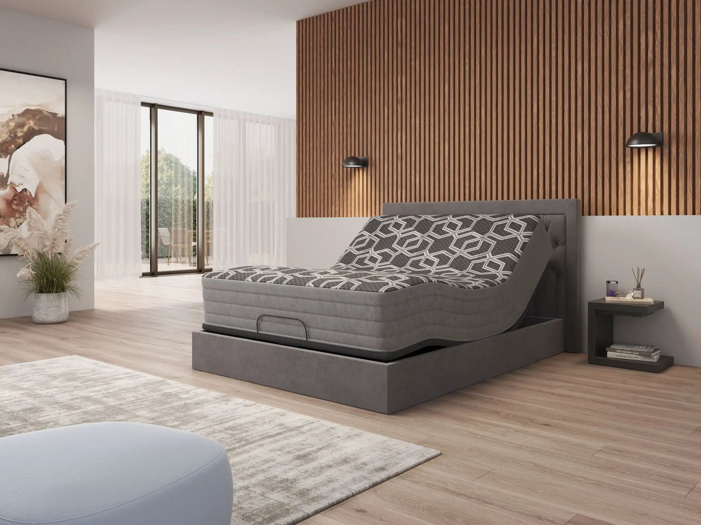 12 inch Smooth Top Foam Hybrid Mattress, Medium Plush on a gray upholstered bed with wood wall on Tampa Home & Garden Store