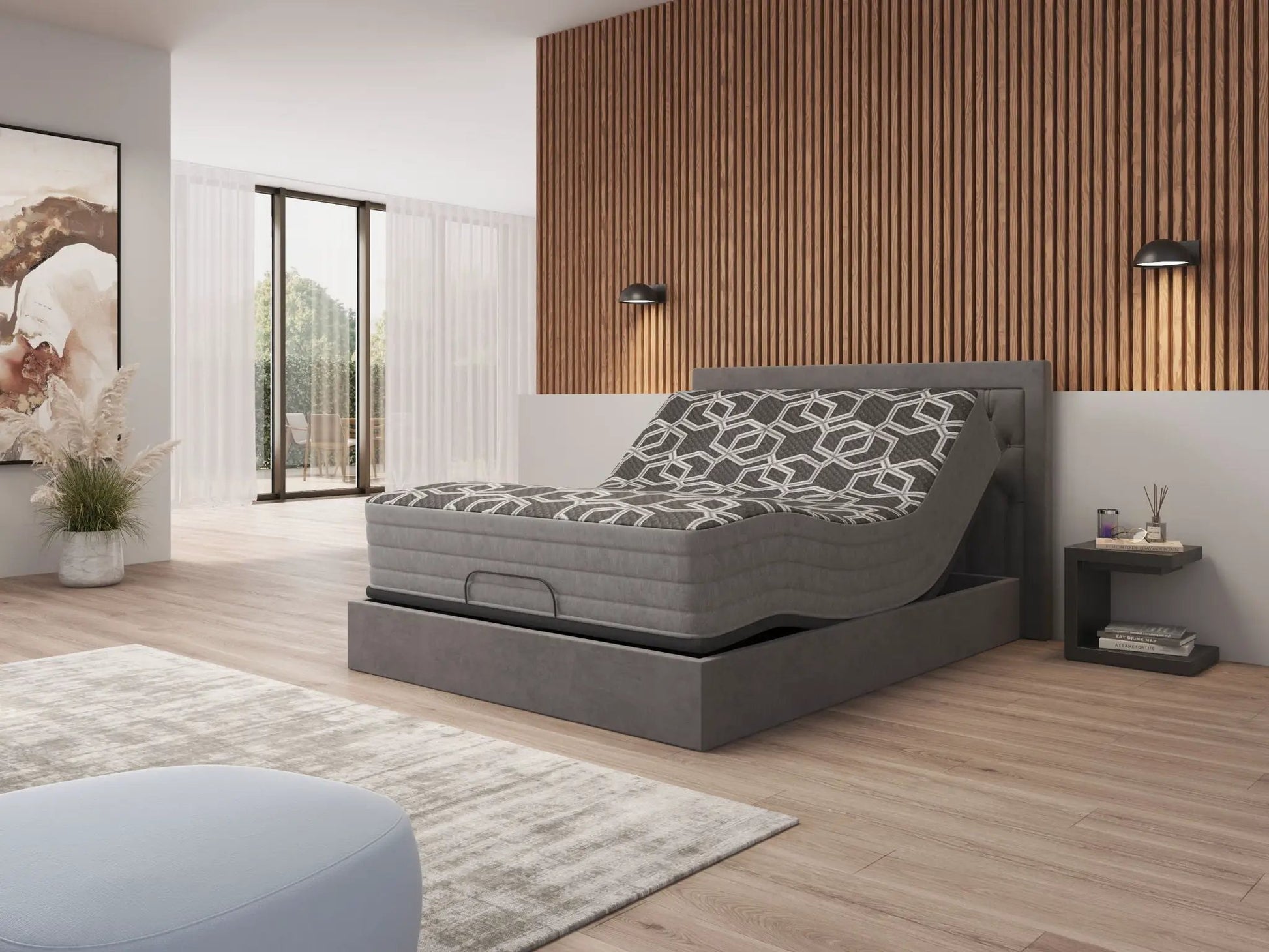 12 inch Smooth Top Foam Hybrid Mattress, Medium Plush on a gray upholstered bed with wood wall on Tampa Home & Garden Store